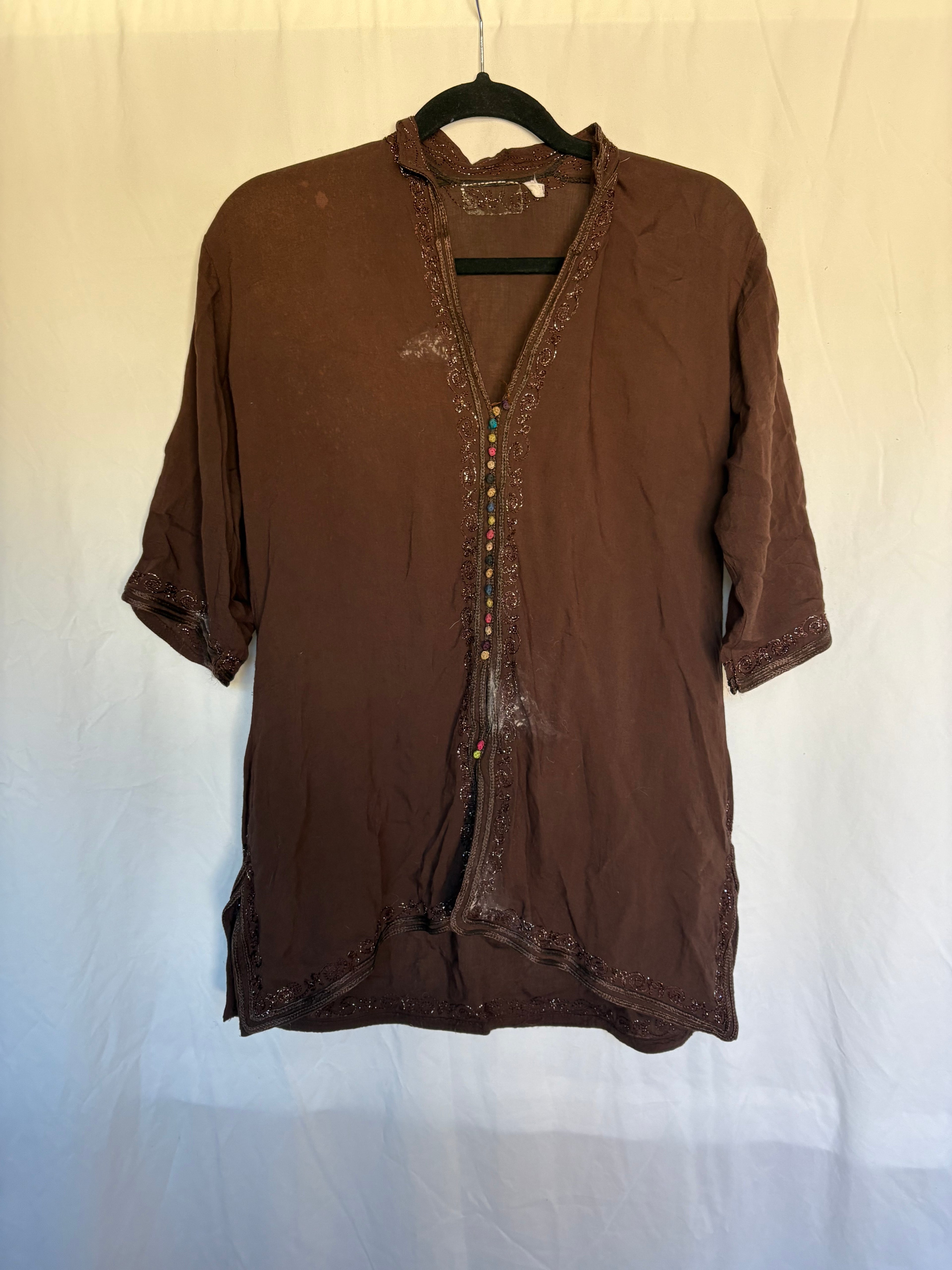 Brown Embroidered Moroccan Tunic with Multicolor Buttons (Distressed)