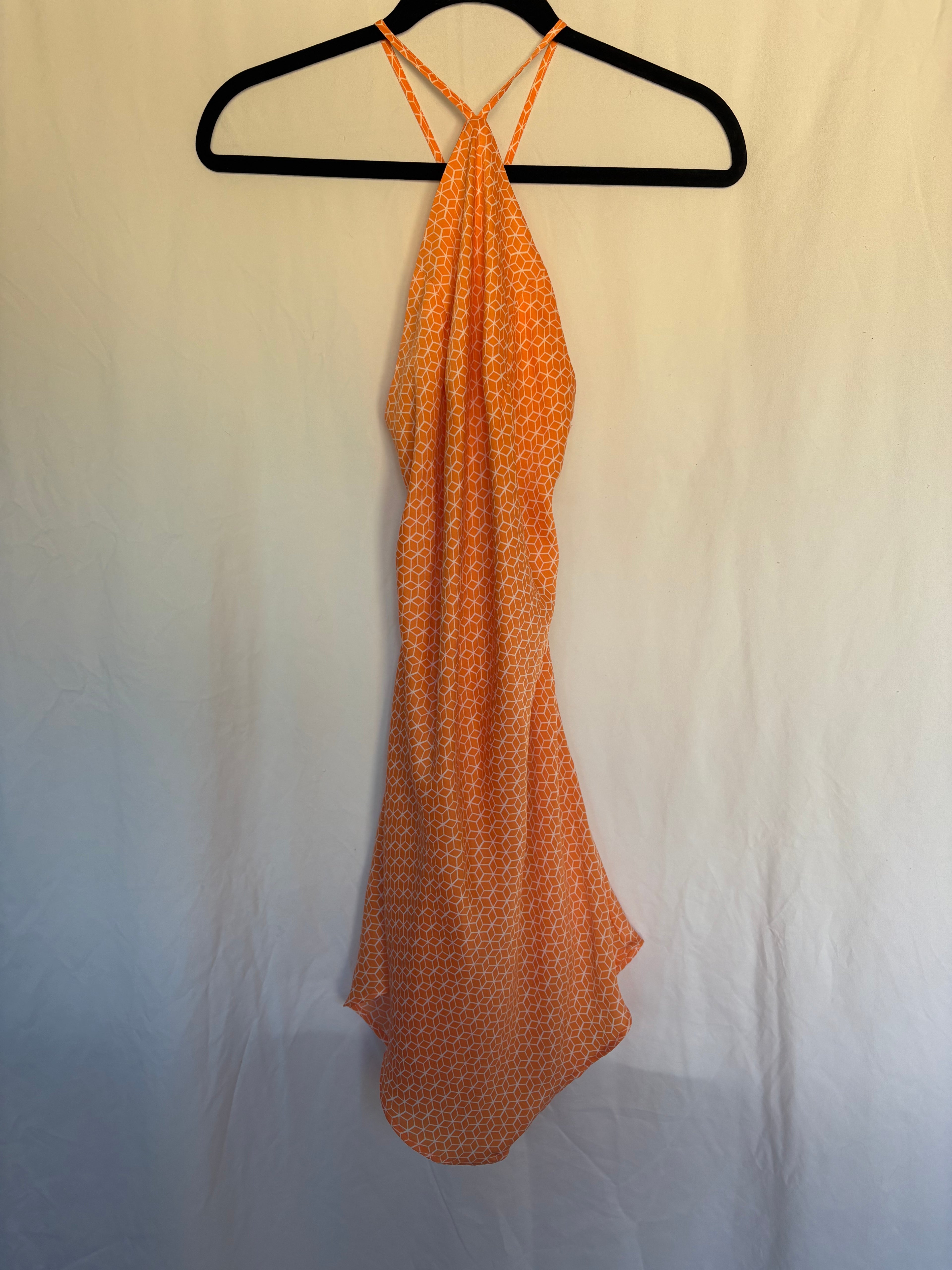 American Eagle Orange Geometric Pattern Silky Bandana Style Halter Dress with Racer Back