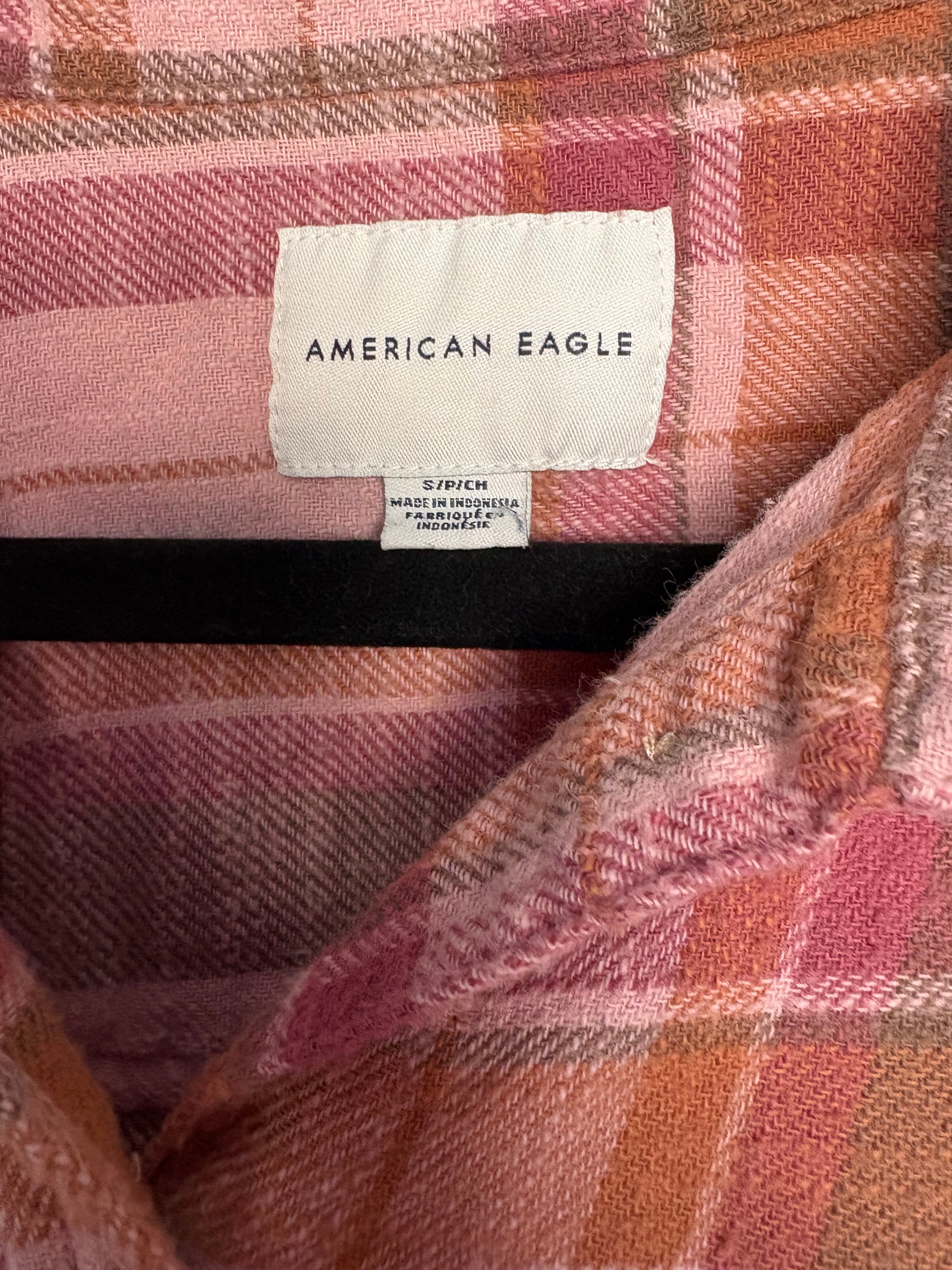 American Eagle Distressed Pink Plaid Flannel