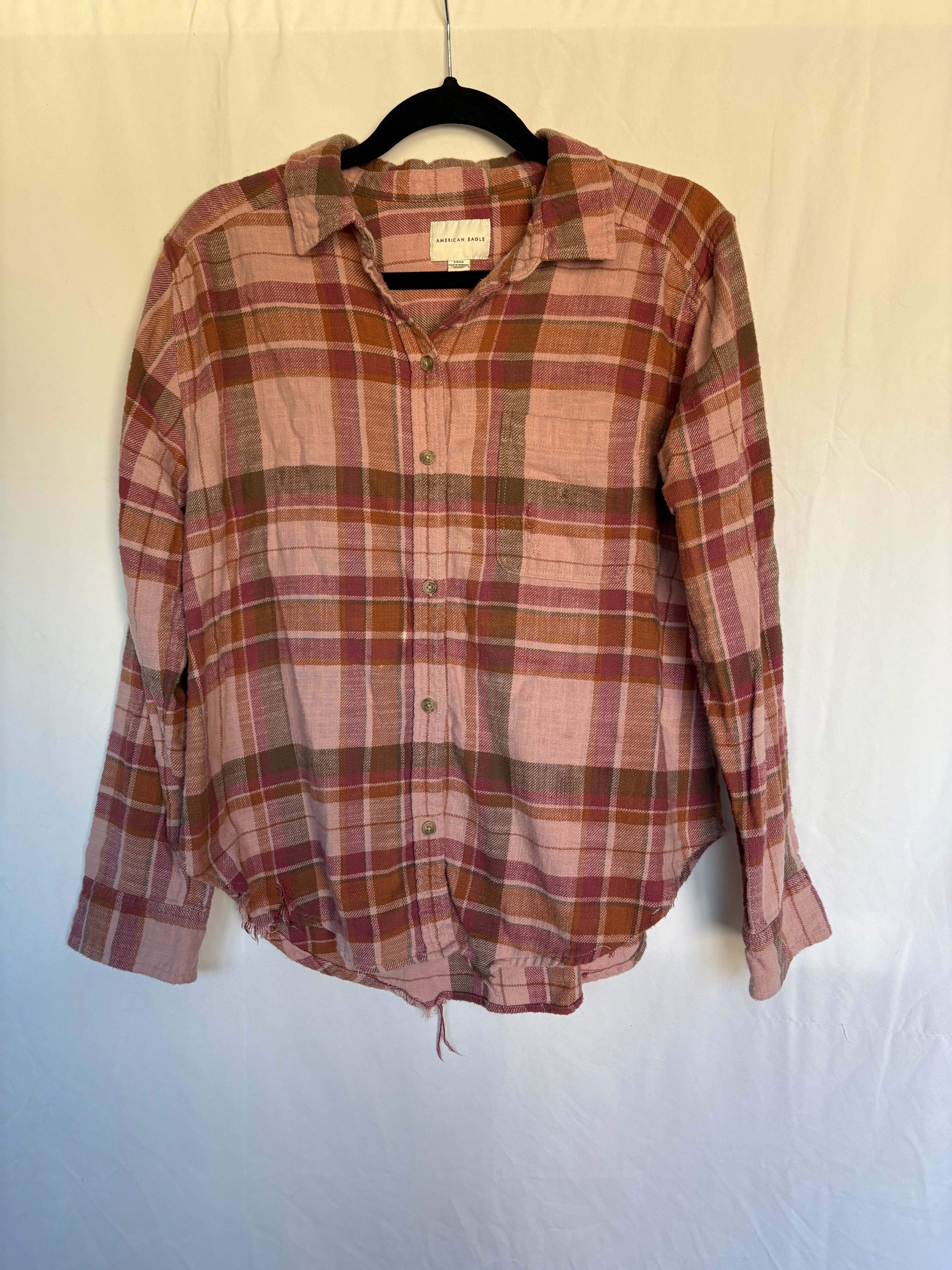American Eagle Distressed Pink Plaid Flannel