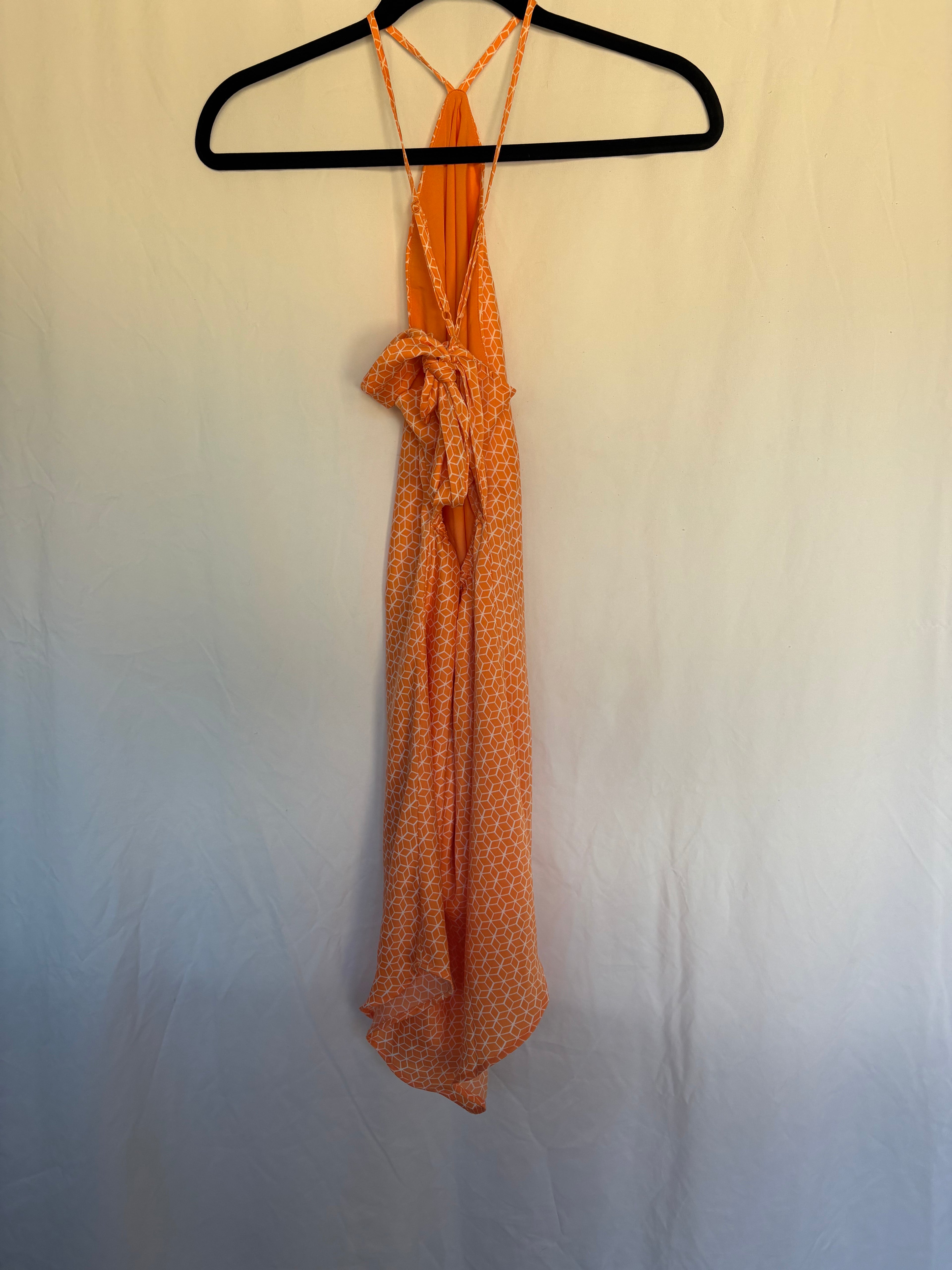 American Eagle Orange Geometric Pattern Silky Bandana Style Halter Dress with Racer Back