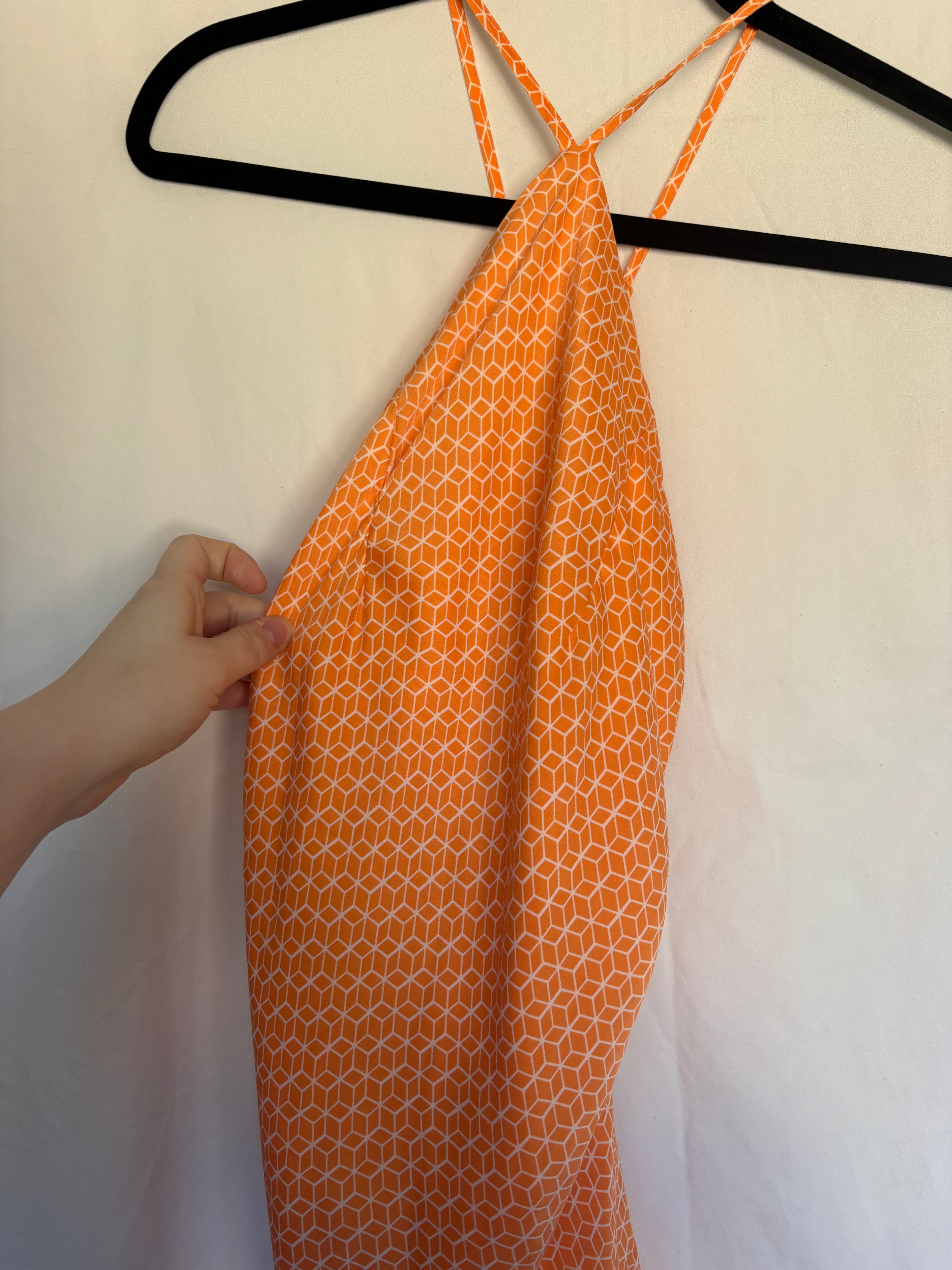 American Eagle Orange Geometric Pattern Silky Bandana Style Halter Dress with Racer Back