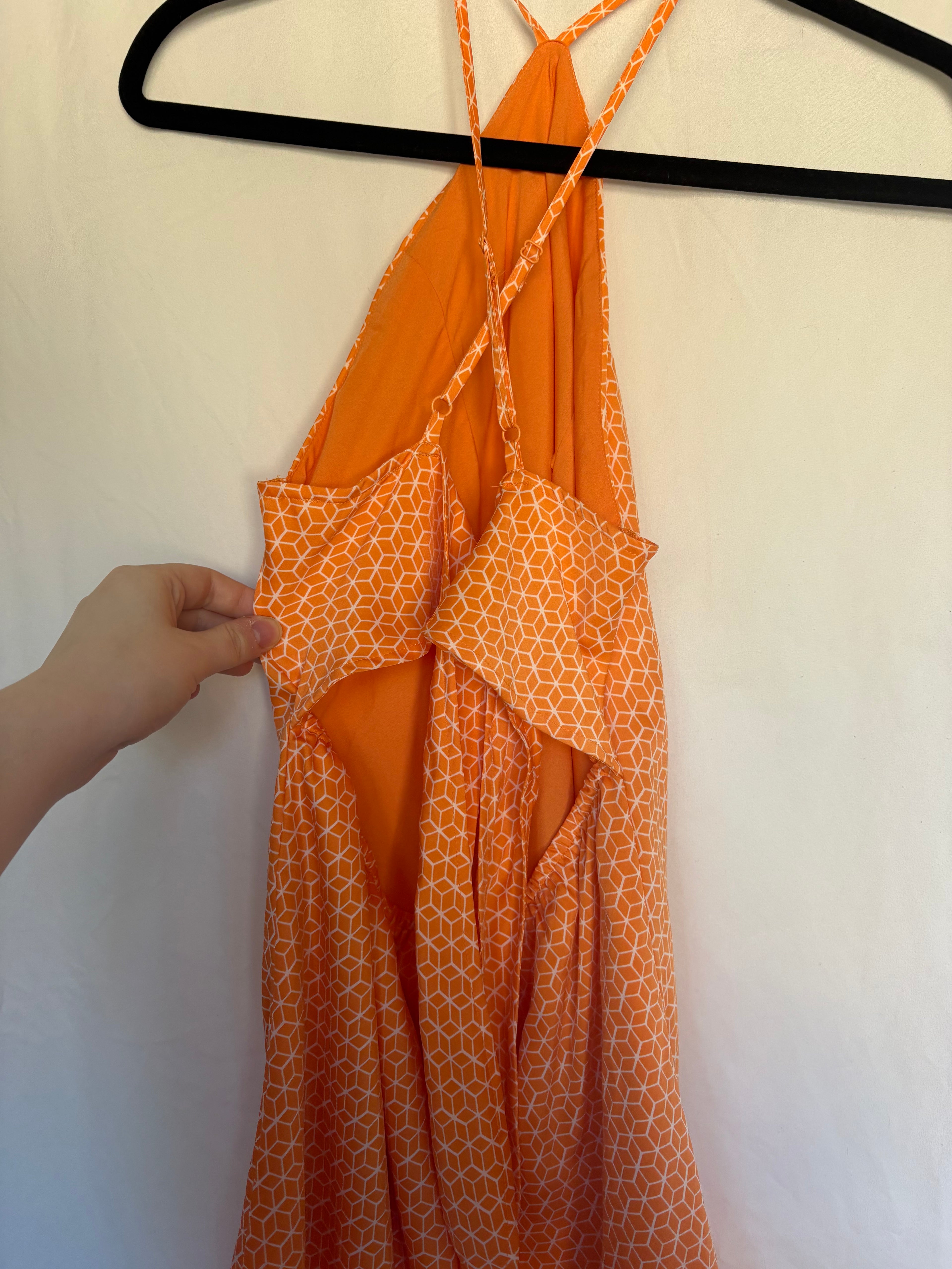 American Eagle Orange Geometric Pattern Silky Bandana Style Halter Dress with Racer Back